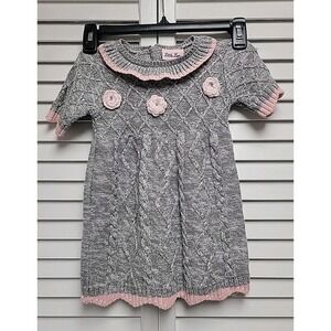 Little Lass 2T Gray Pink Silver Metallic Sweater Dress Flowers Button Closure